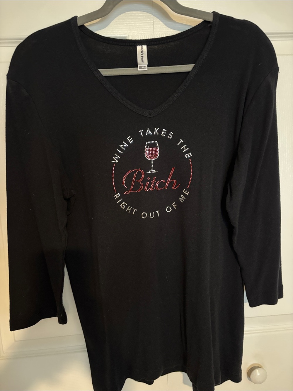 Black Long-Sleeve V-Neck Tee with Red Accent Wine Graphic